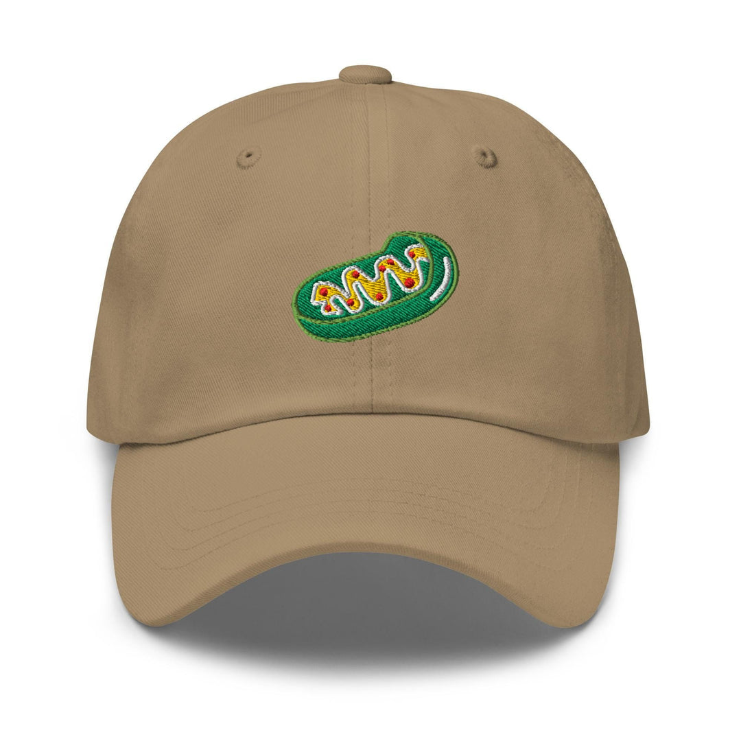 a khaki colored hat with the word&#39;m&#39;on it