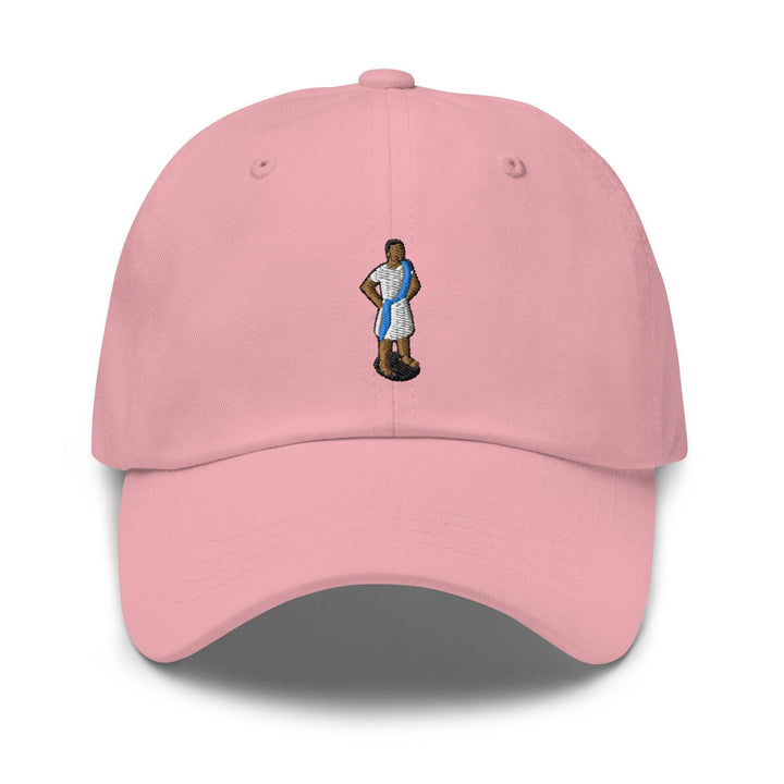 a pink hat with a picture of a man in a blue shirt