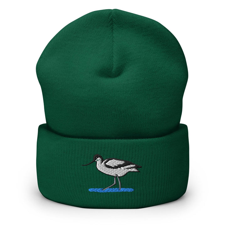 a green beanie with a white bird on it