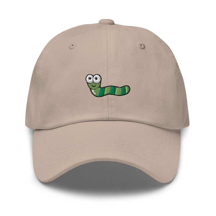 a baseball cap with a green worm embroidered on it