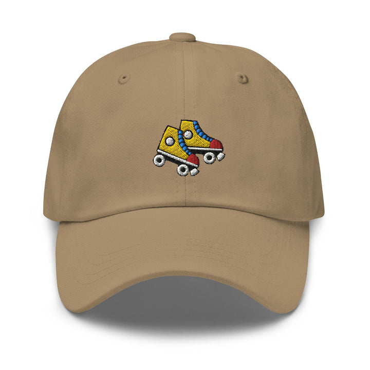 a tan hat with a pair of roller skates on it