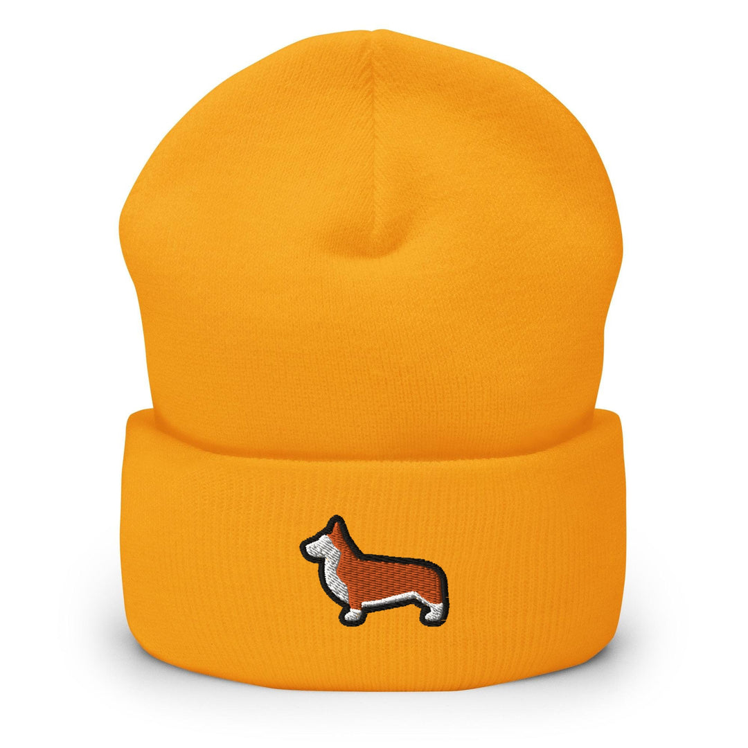 a yellow beanie with a dog embroidered on it