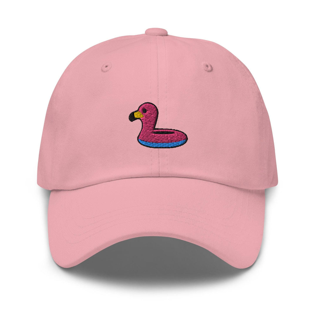 a pink hat with a pink duck on it