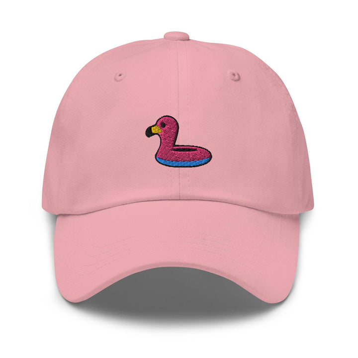 a pink hat with a pink duck on it