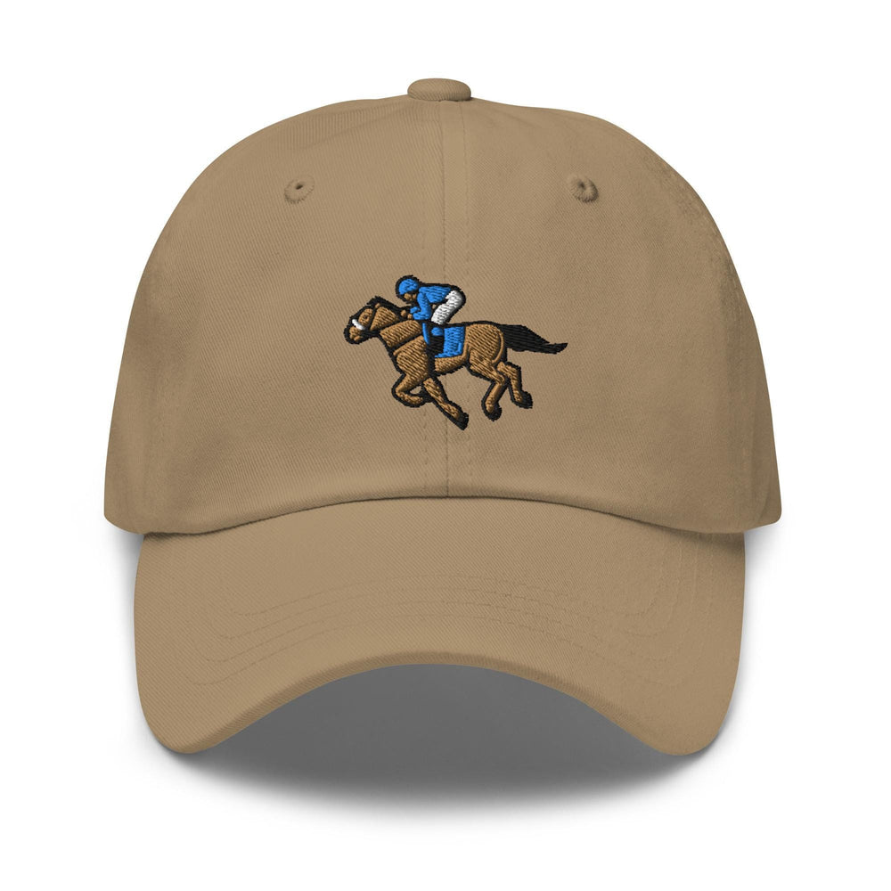 a tan hat with a horse and jockey on it
