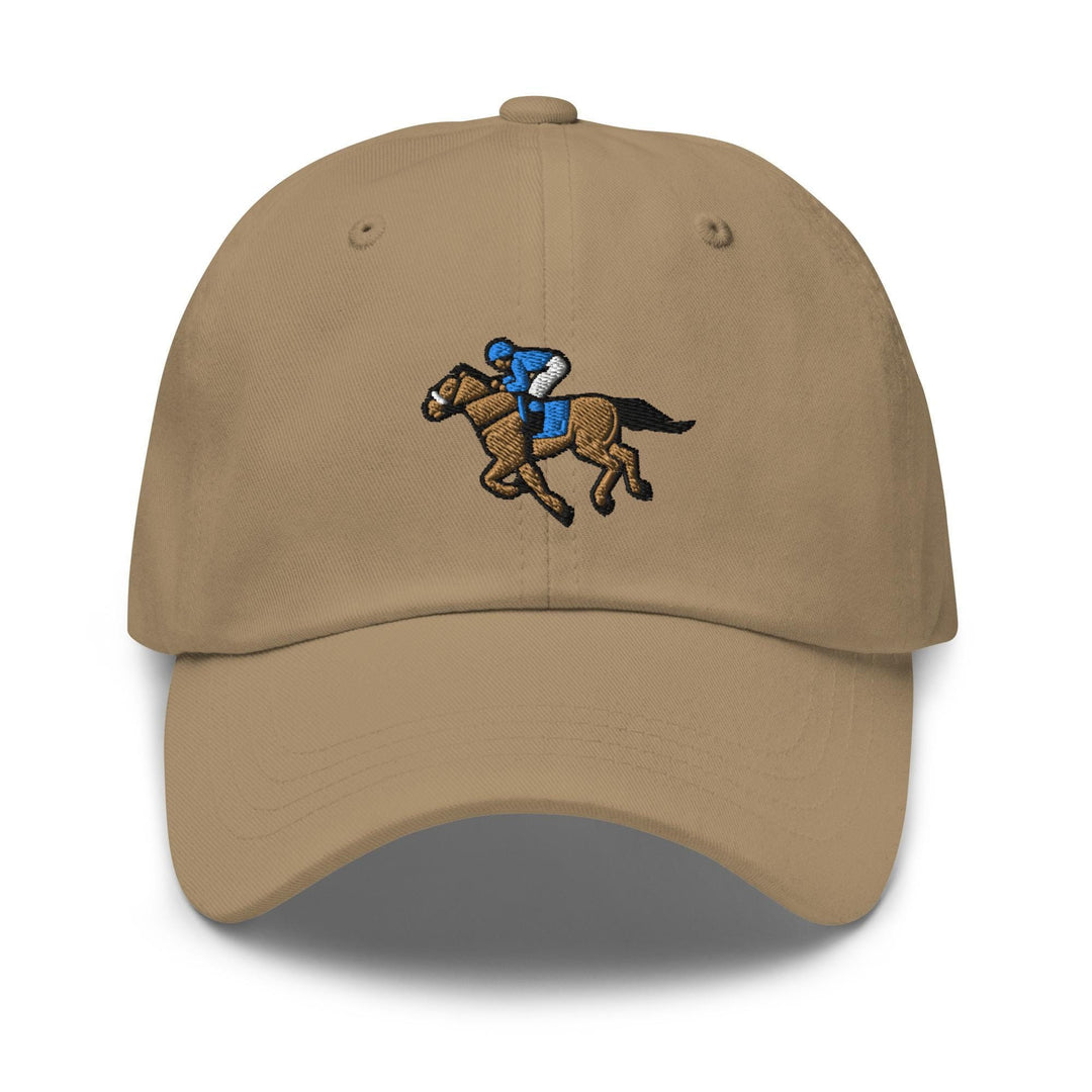 a tan hat with a horse and jockey on it