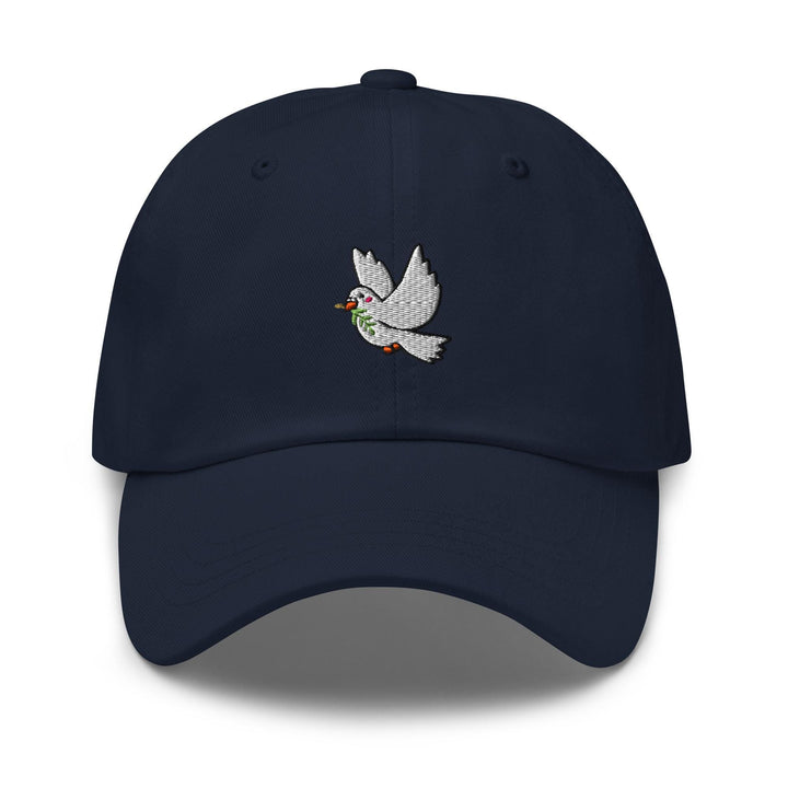 a blue hat with a white bird embroidered on it