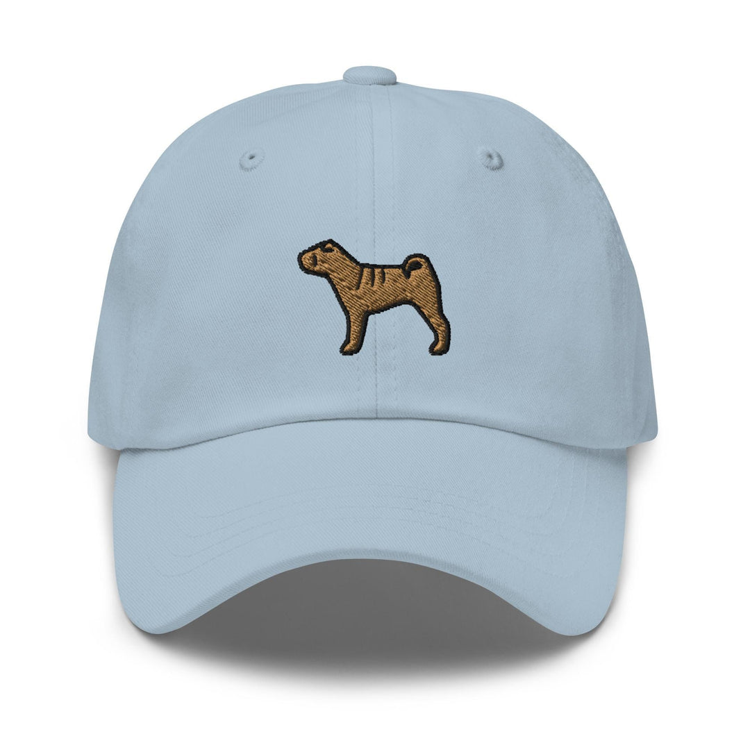 a light blue hat with a dog embroidered on it