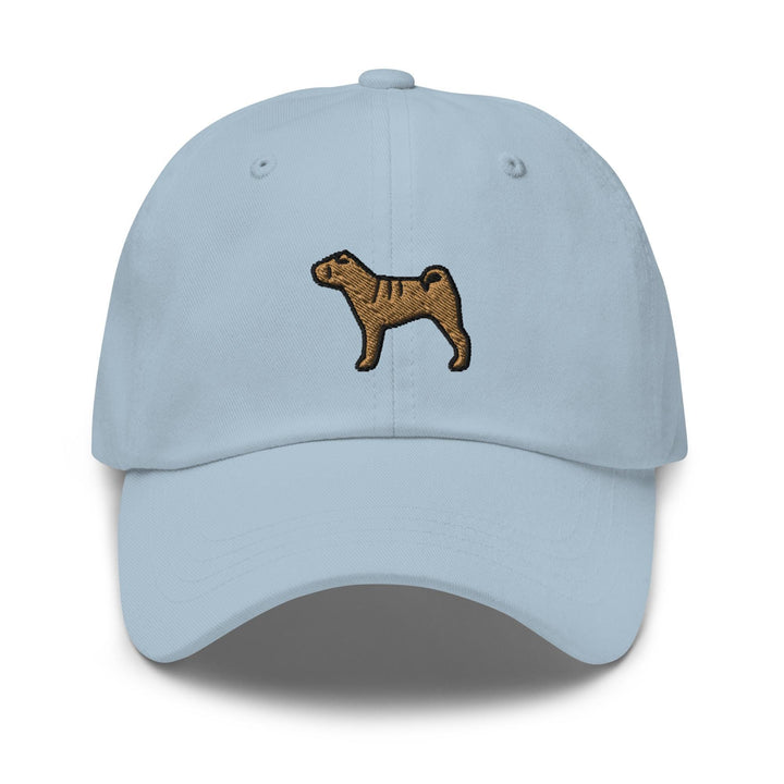 a light blue hat with a dog embroidered on it