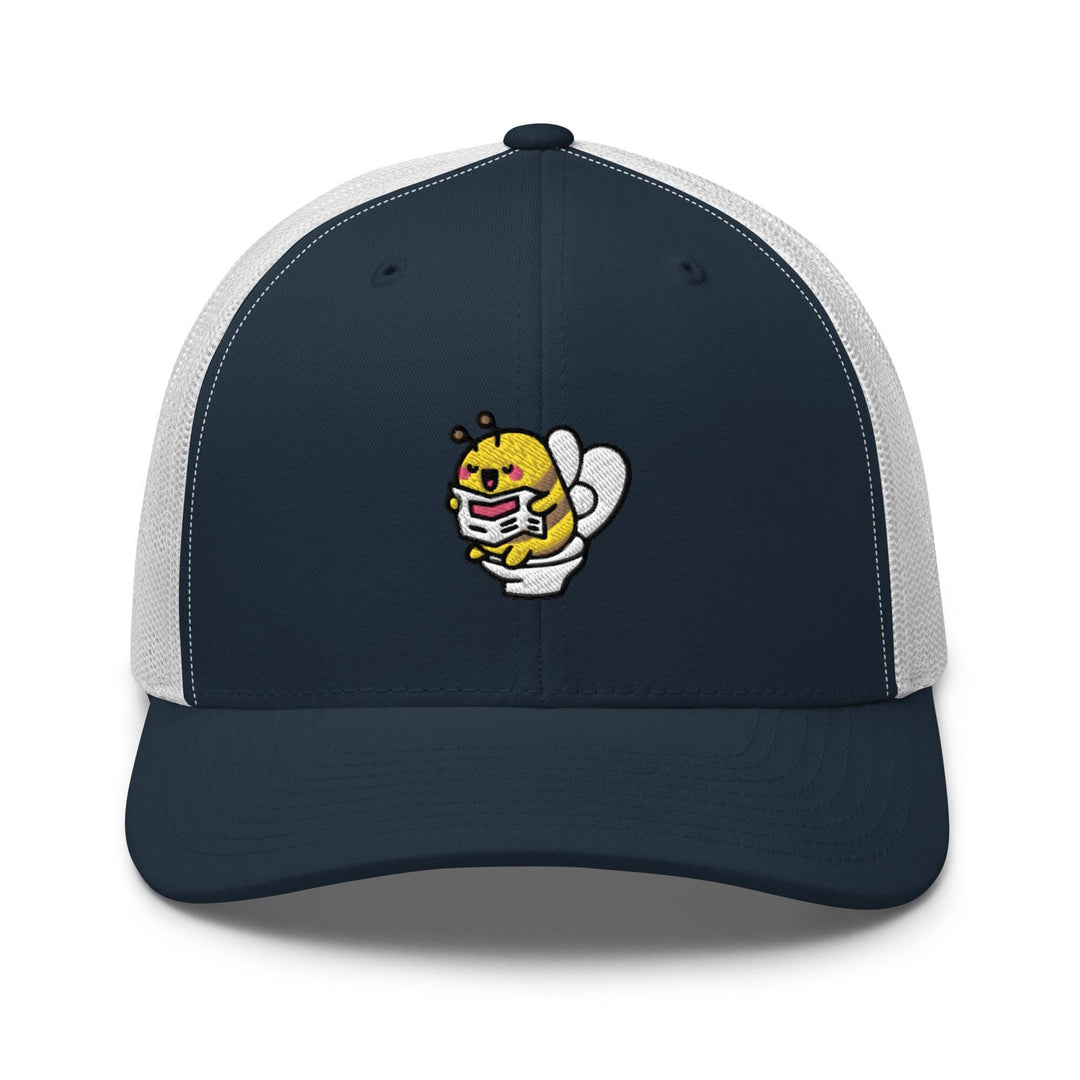 a blue and white hat with a cartoon character on it