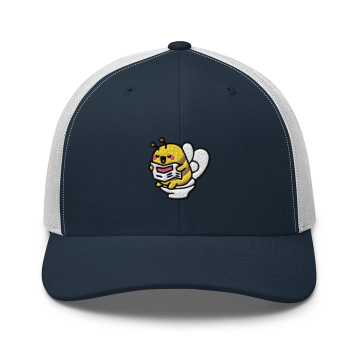 a blue and white hat with a cartoon character on it