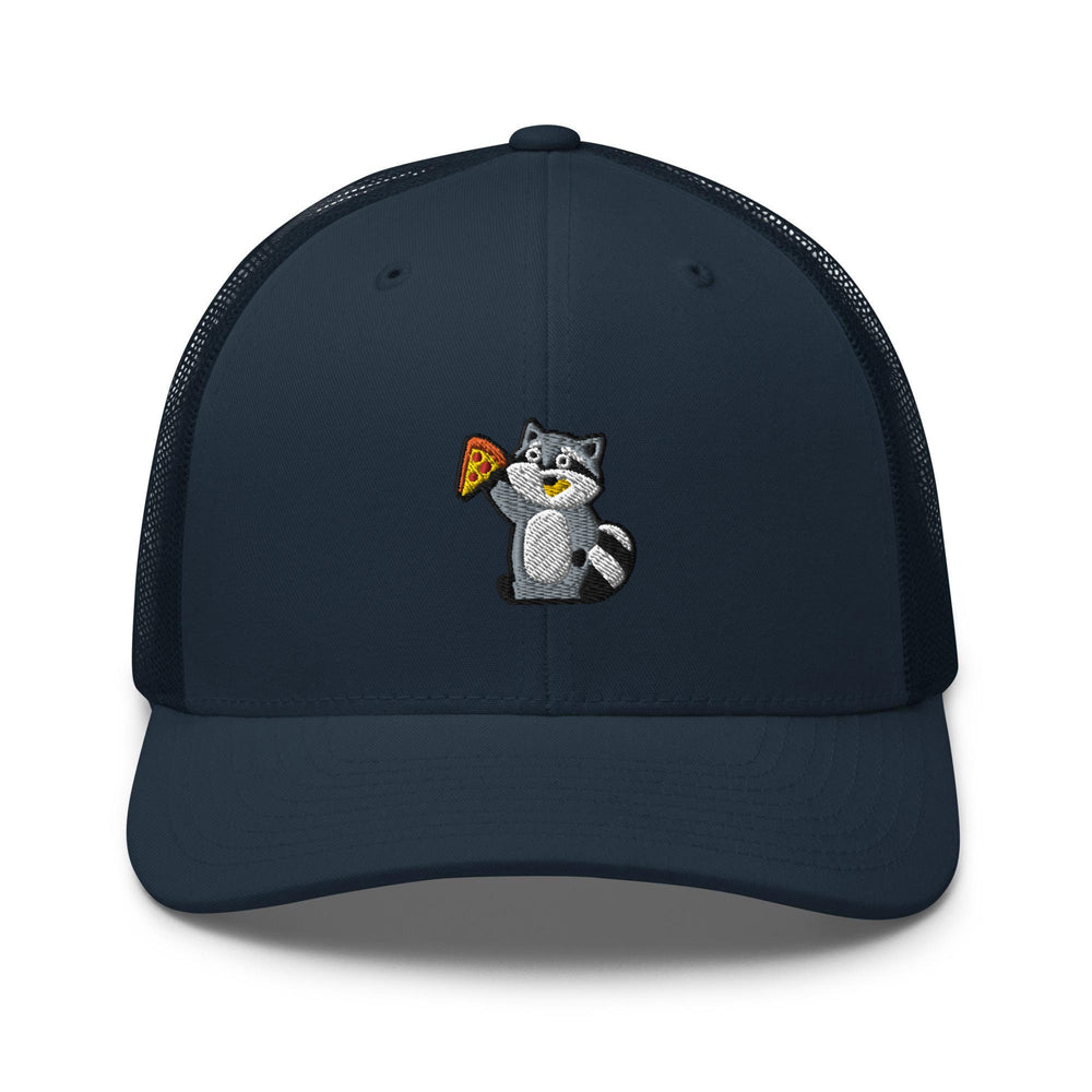 a trucker hat with a cat holding a pizza slice