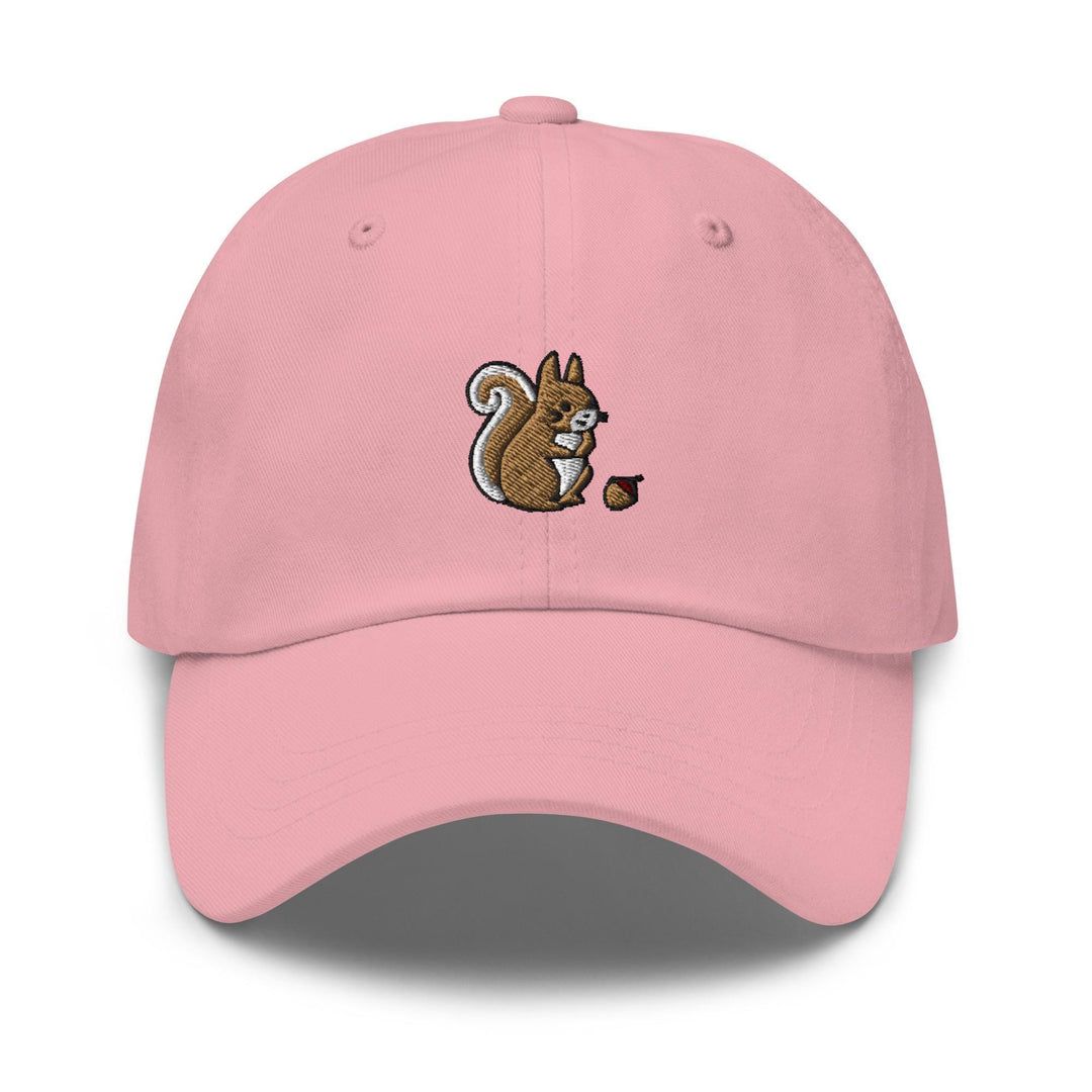 a pink hat with a squirrel on it