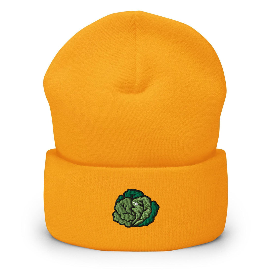 a yellow beanie with a green cabbage on it