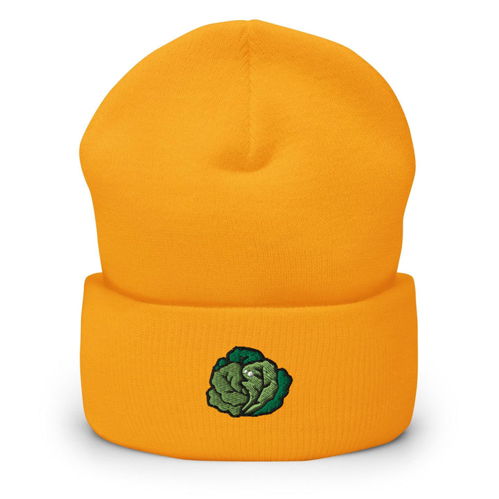 a yellow beanie with a green cabbage on it