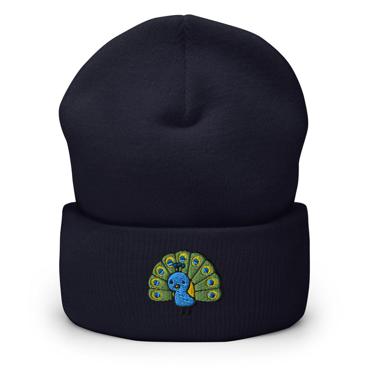 a blue beanie with a colorful peacock on it
