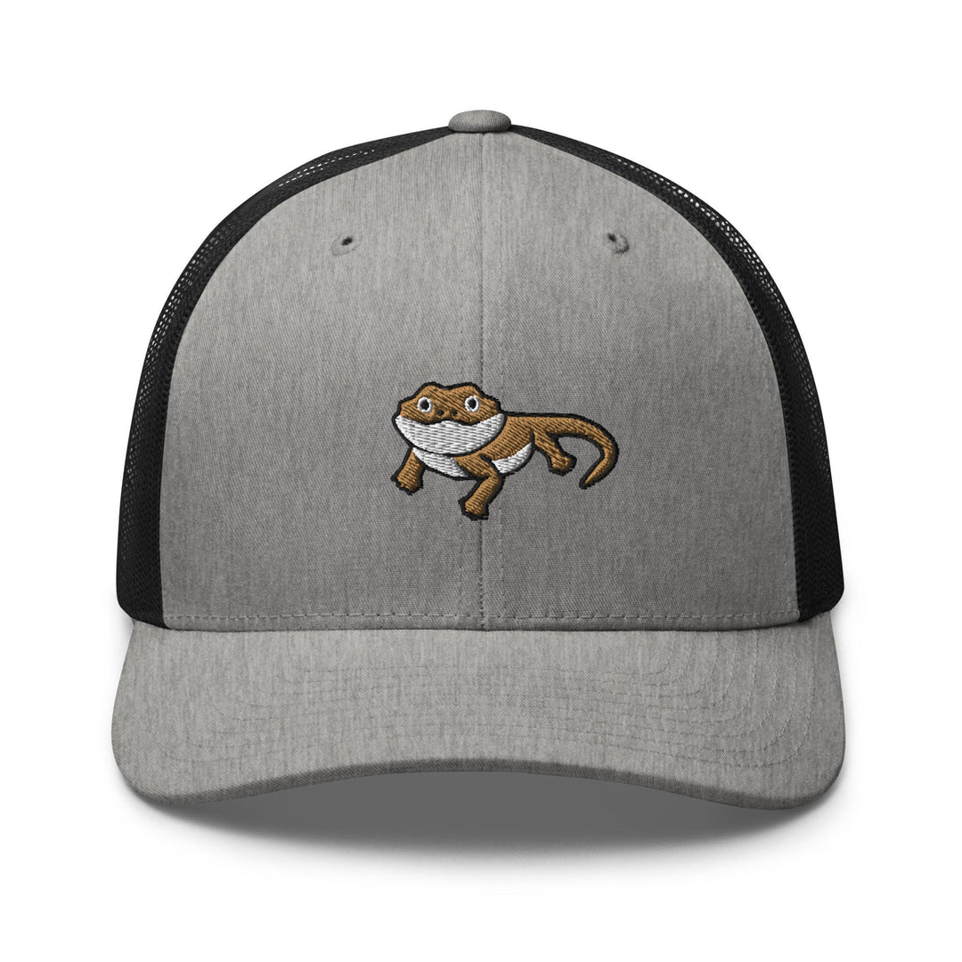 a gray and black hat with a cartoon cat on it