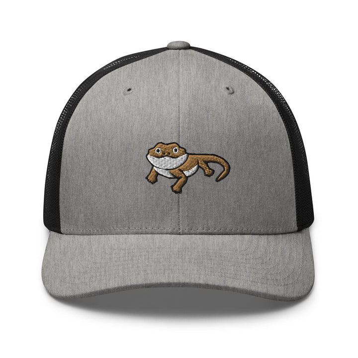 a gray and black hat with a cartoon cat on it