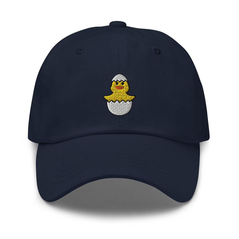 a blue hat with a yellow rubber ducky embroidered on it
