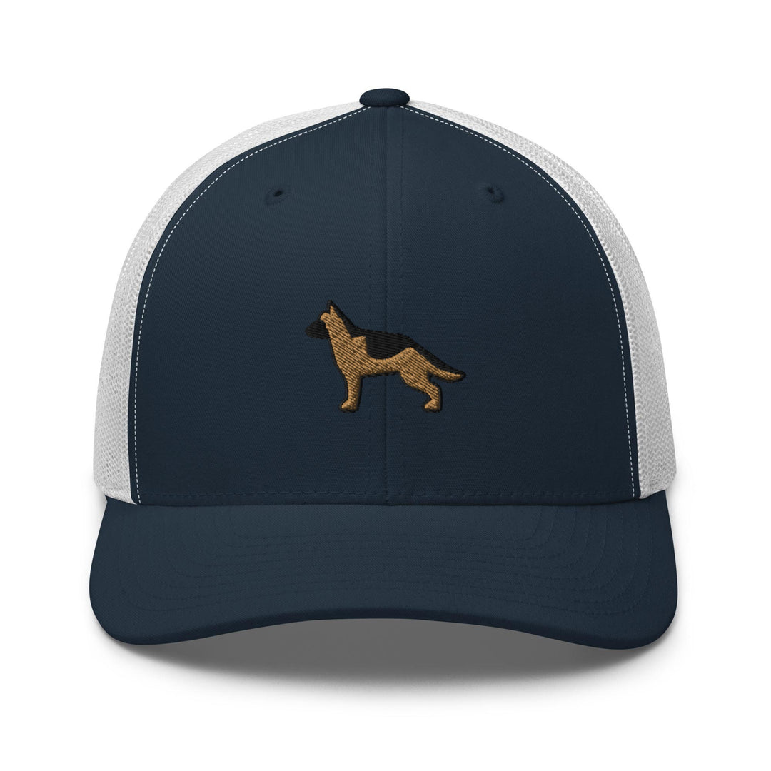 a blue and white trucker hat with a dog on it