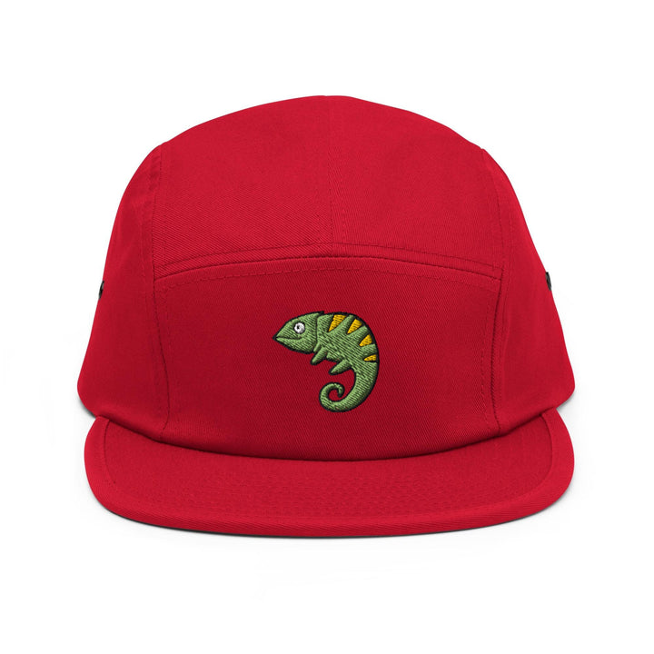 a red hat with a green chamelon embroidered on it