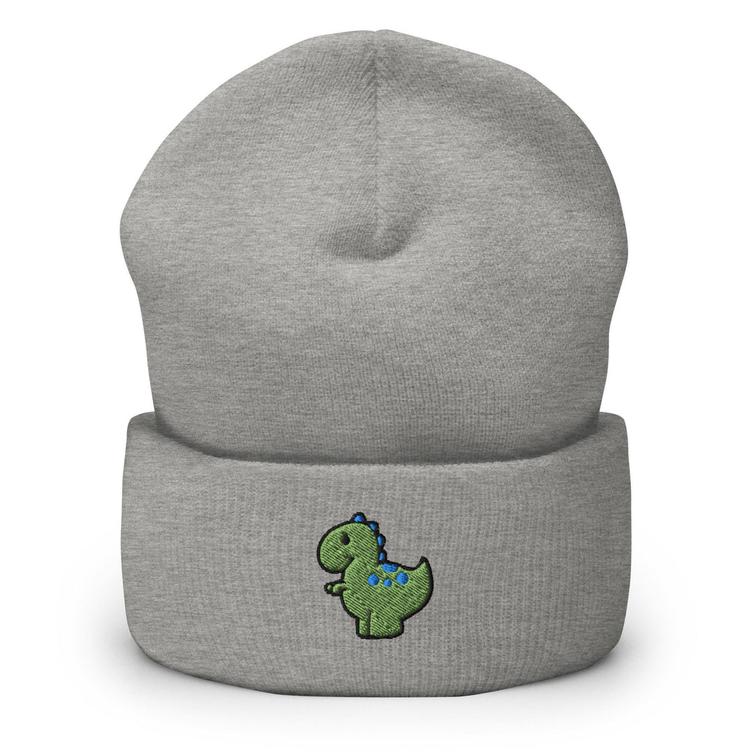 a grey beanie with a green dinosaur embroidered on it