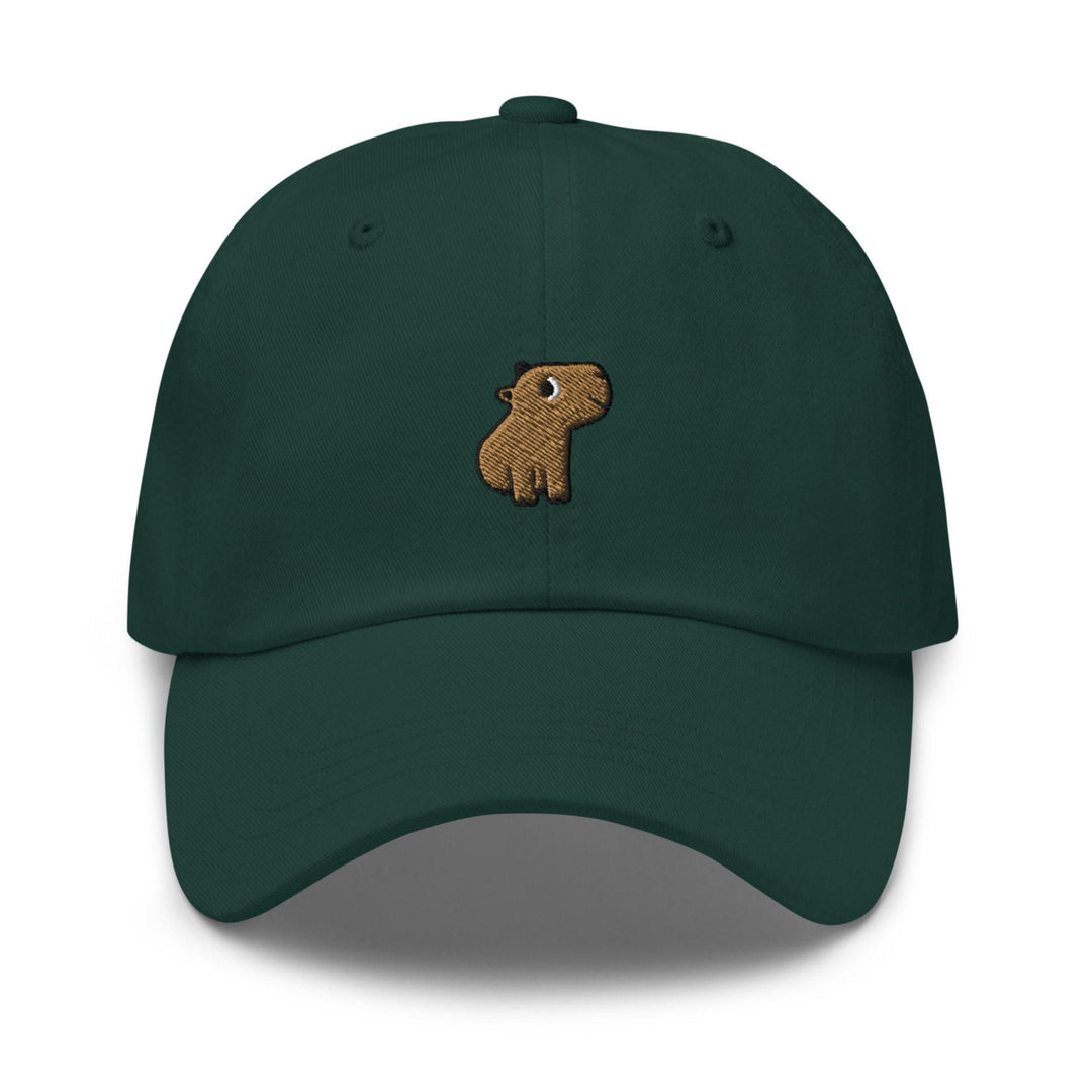 a green hat with a brown dog embroidered on it
