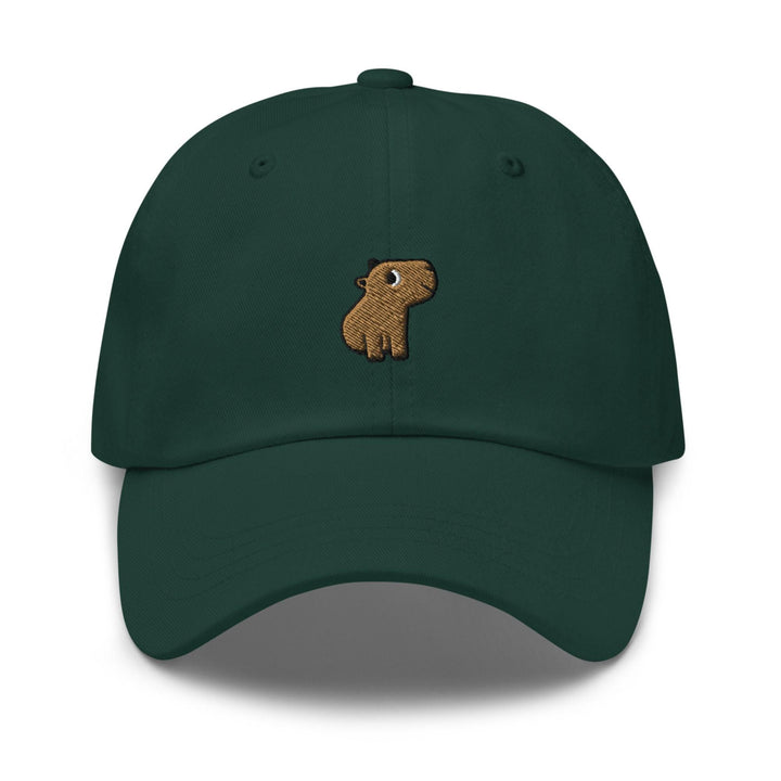 a green hat with a brown dog embroidered on it