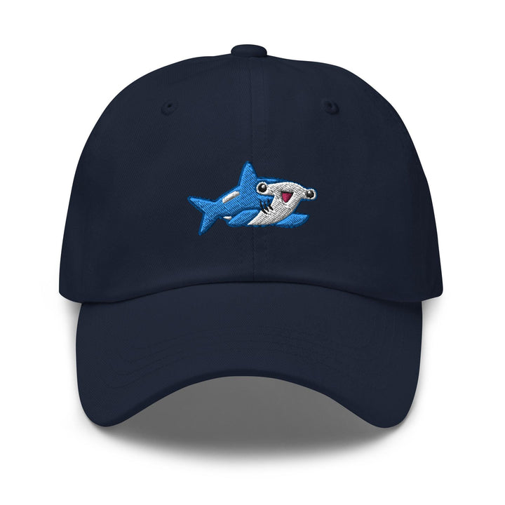 a blue hat with a shark embroidered on it