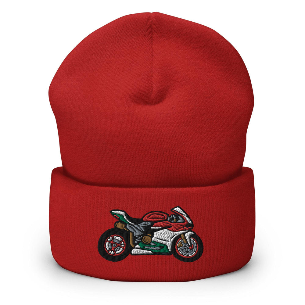 a red hat with a motorcycle embroidered on it