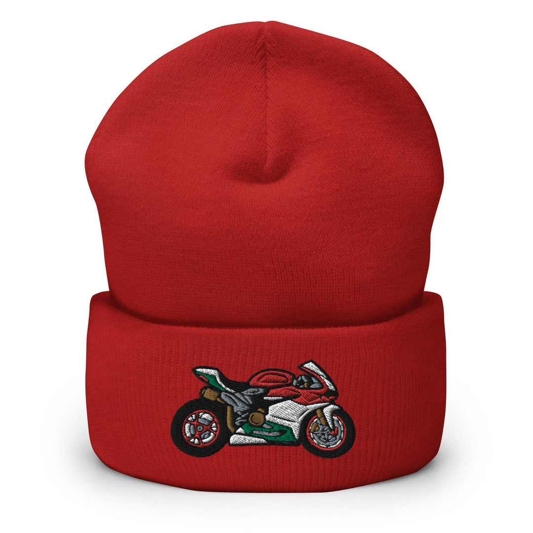 a red hat with a motorcycle embroidered on it