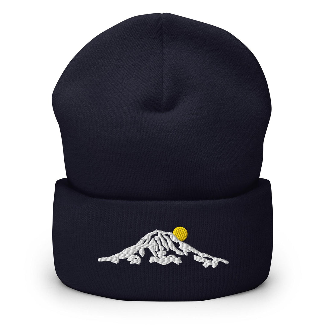 a beanie hat with a picture of a mountain on it