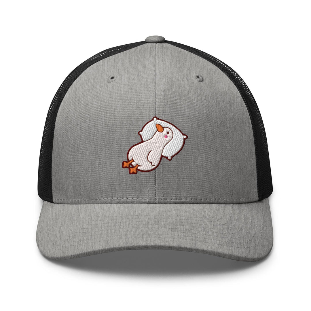 a gray and black trucker hat with a white cat on it