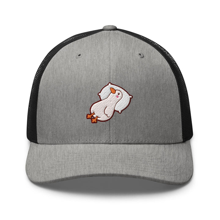 a gray and black trucker hat with a white cat on it