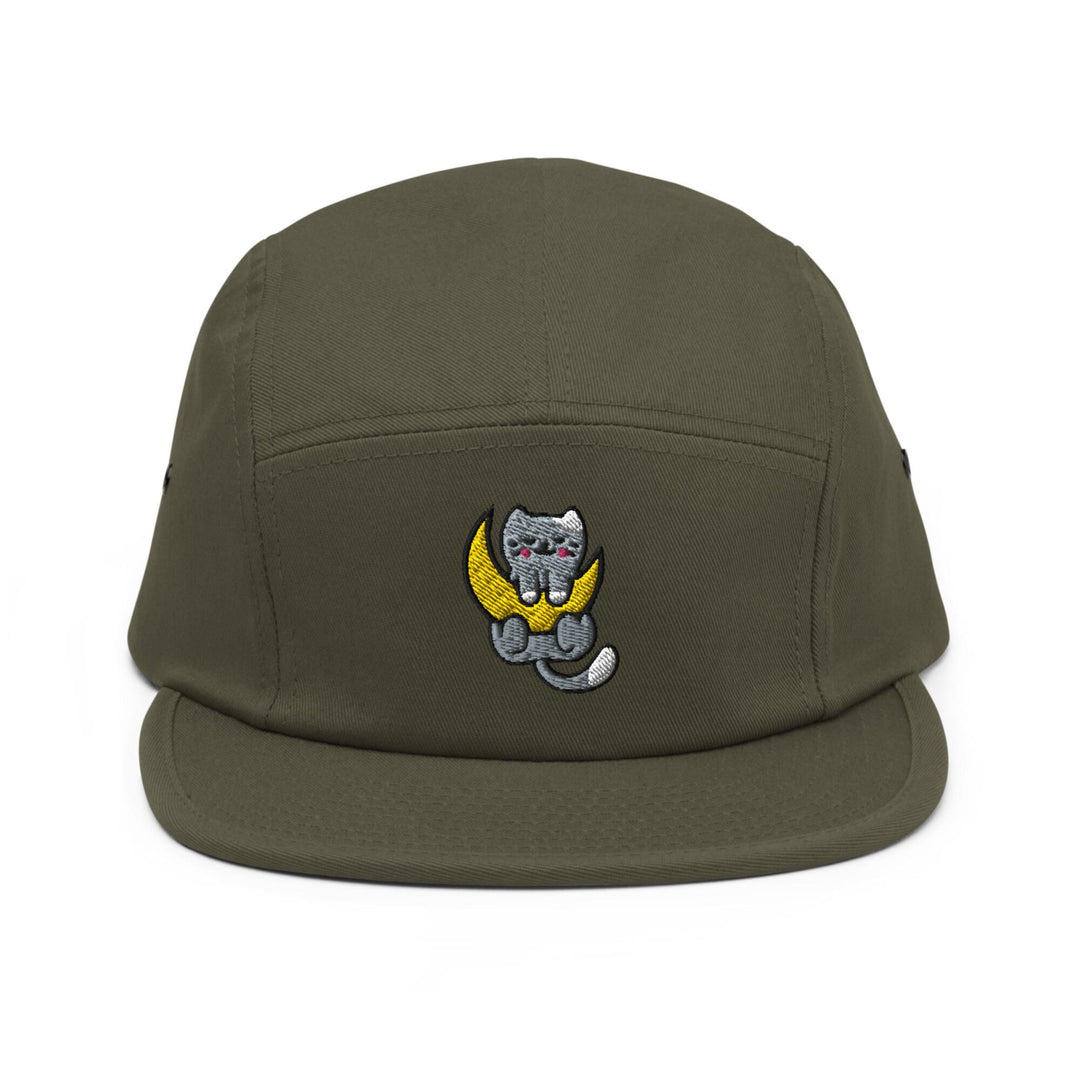 a green hat with a cat on it