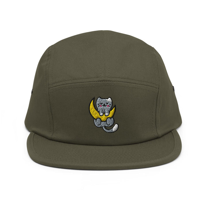 a green hat with a cat on it