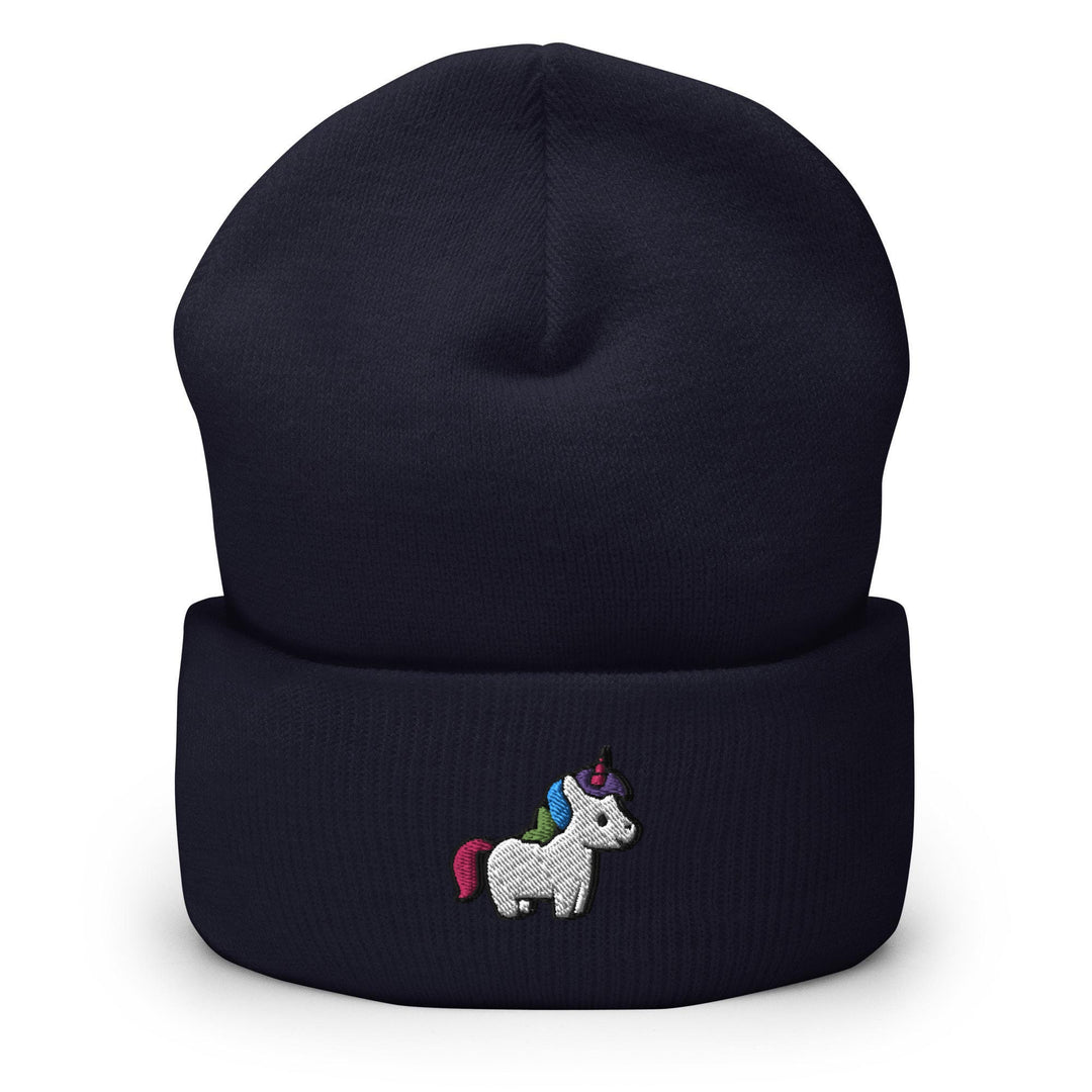 a blue beanie with a unicorn embroidered on it