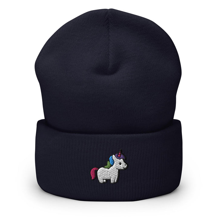 a blue beanie with a unicorn embroidered on it