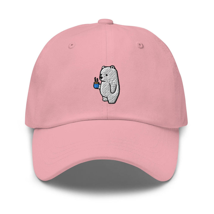 a pink hat with a white bear holding a cup