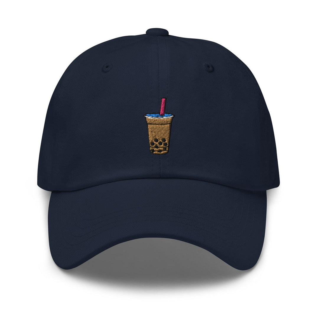 a blue hat with a skull and a drink in it