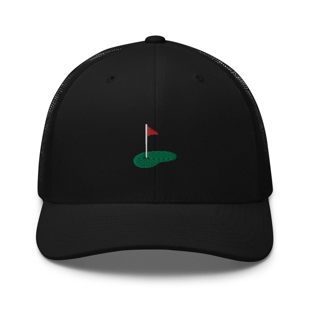 a black hat with a red flag on it