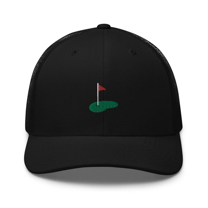 a black hat with a red flag on it