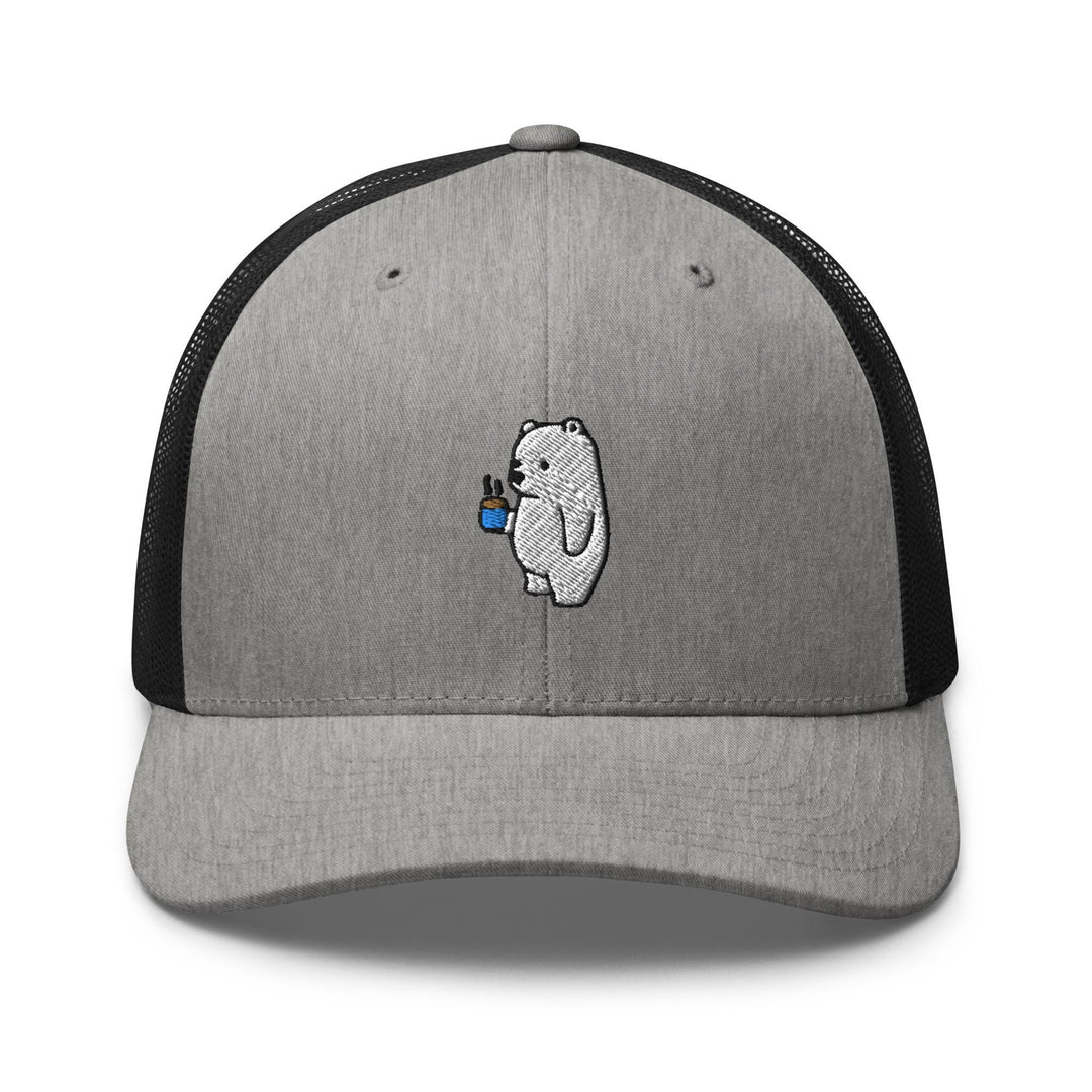 a gray and black hat with a polar bear on it
