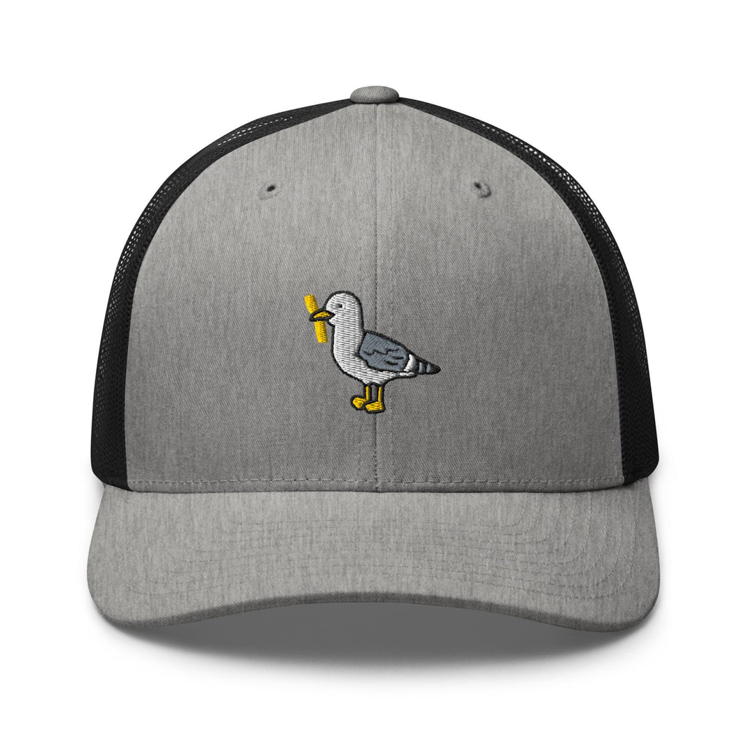a gray and black hat with a duck on it