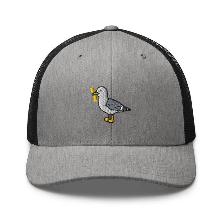 a gray and black hat with a duck on it