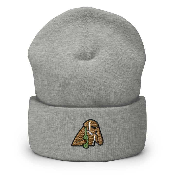 a grey beanie with a picture of a hand holding a green leaf