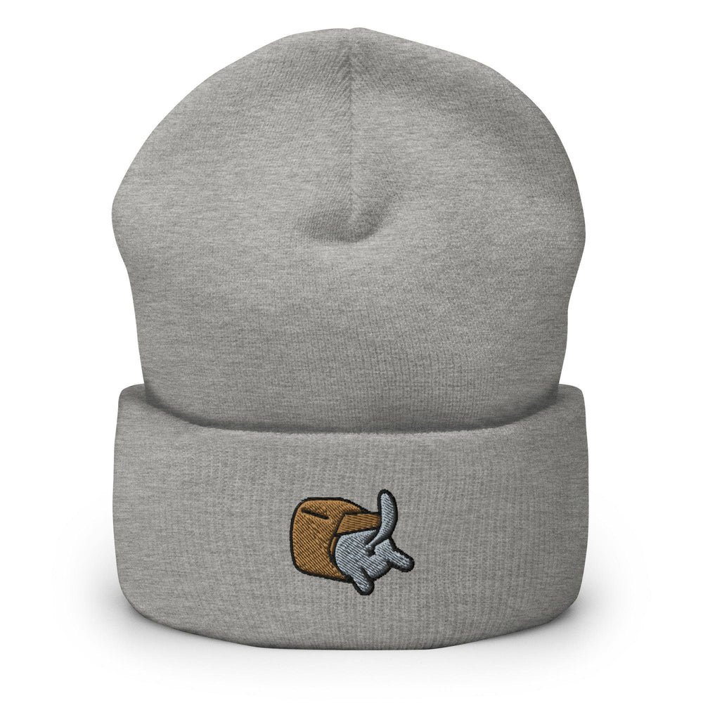 a grey beanie with a cartoon dog on it