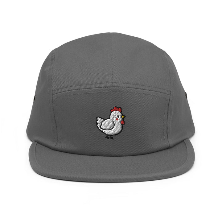 a gray hat with a chicken embroidered on it