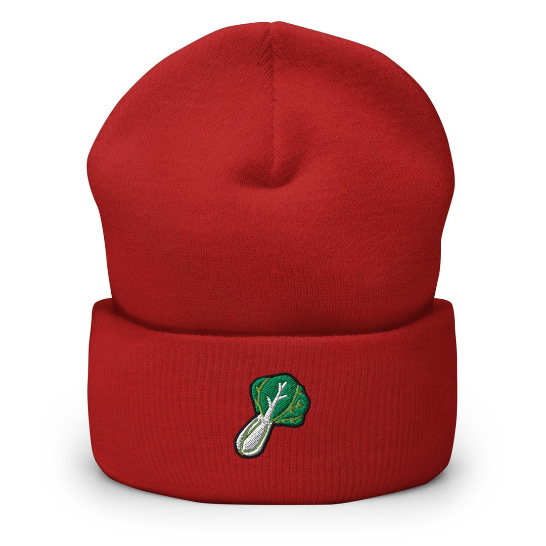 a red beanie with a green leaf on it
