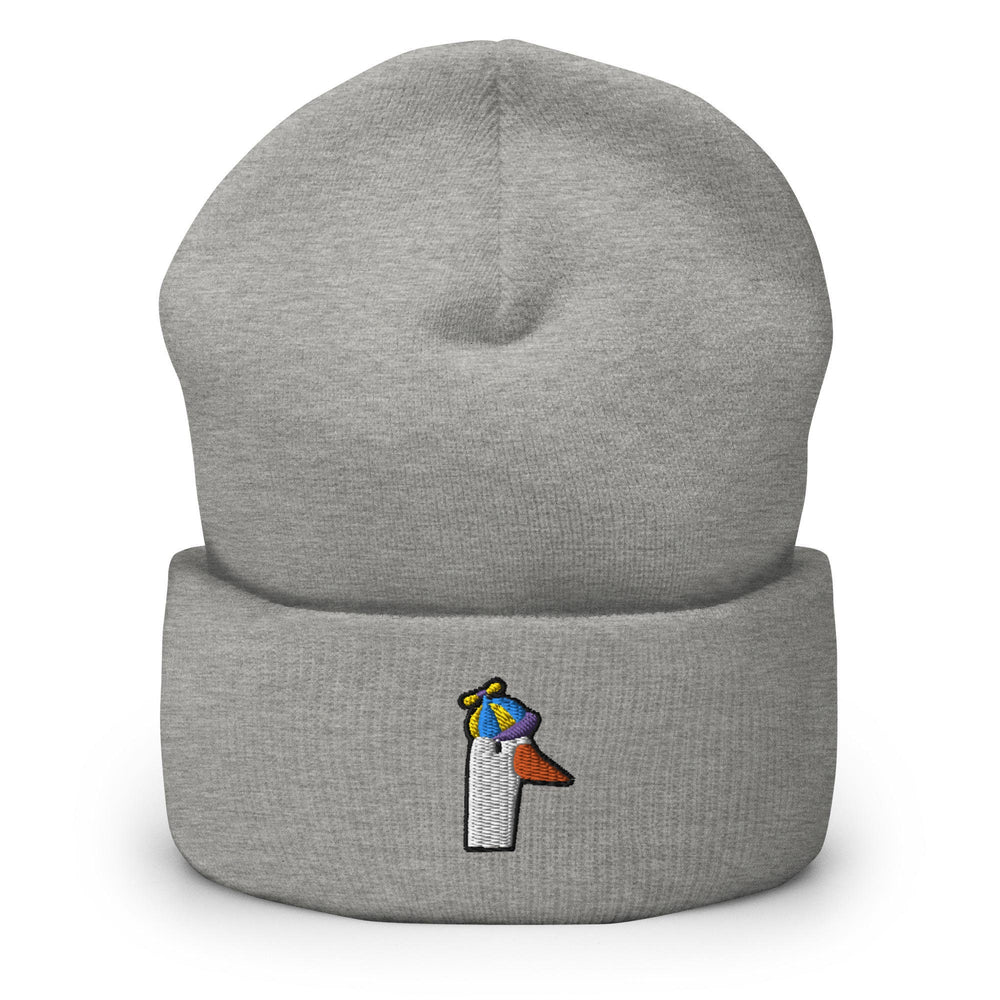 a grey beanie with a colorful bird on it